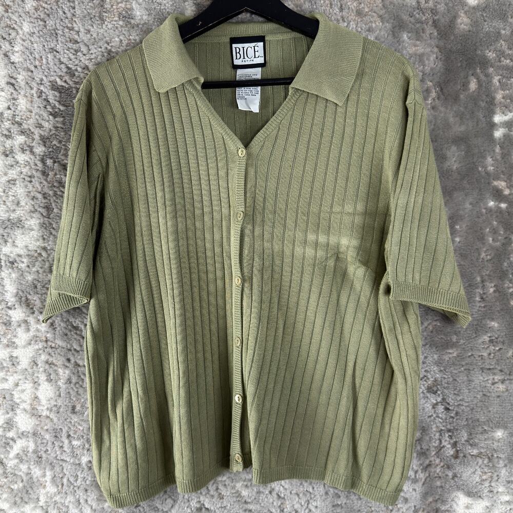 Bice Petite Size LP Ribbed Casual Button‎ Top Green Short Sleeve Collar